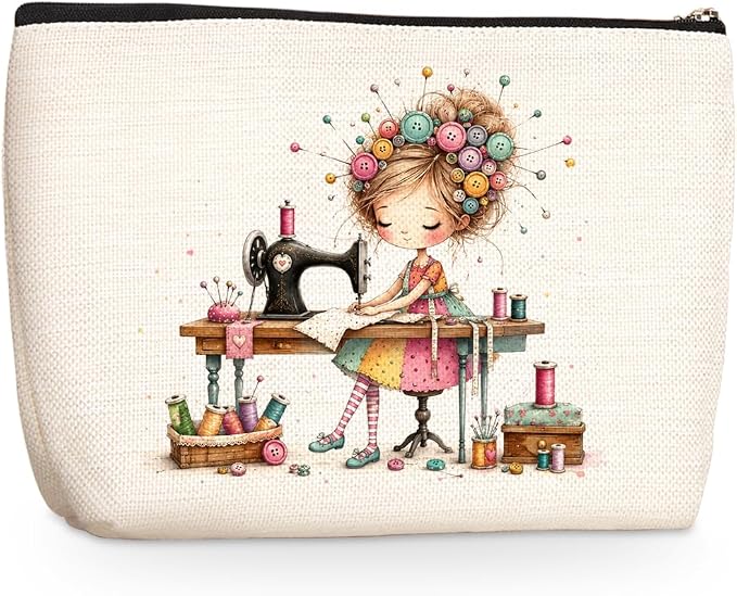 Cute Girl Sewing Makeup Bag, Sewing Gift Cosmetic Bags Travel Organizer Bag