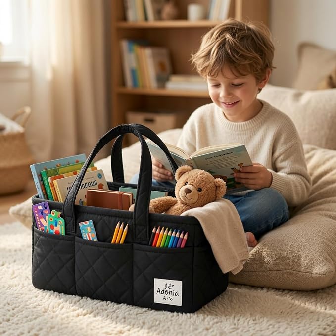 Adonia & Co Diaper Caddy Organizer – Baby Essentials Organizer, Large Nursery Storage Basket with Removable Divider, 8 Exterior Pockets, Portable, Machine Washable, Structured Design, Black