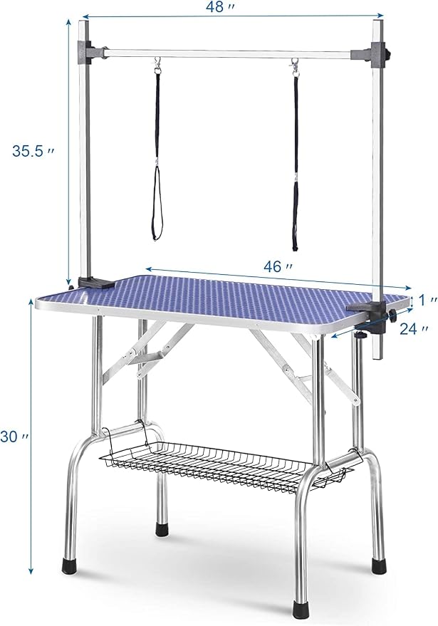 Pet Dog Grooming Table, Adjustable Large Heavy Duty Professional Foldable Trimming Stage with Arms, Noose, Mesh Tray, Maximum Capacity Up to 330LBS, 46''/Blue