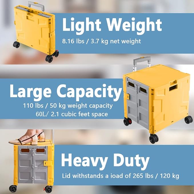 Foldable Shopping Utility Cart Portable Rolling Crate Handcart with 360°Rotate Wheel,Hidden Lid,Telescoping Handle Collapsible for Travel Shopping Moving Storage Office Use(Yellow/Gray)