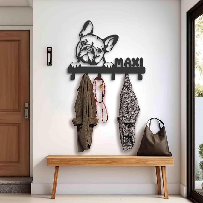 Personalized Peeking French Bulldog Metal Coat Rack, Leash Holder, Key Holder Wall Mount, Entryway Organizer, Mudroom Decor, Coat Rack, Hooks for Hanging, Doorway Decor, New Home Gift