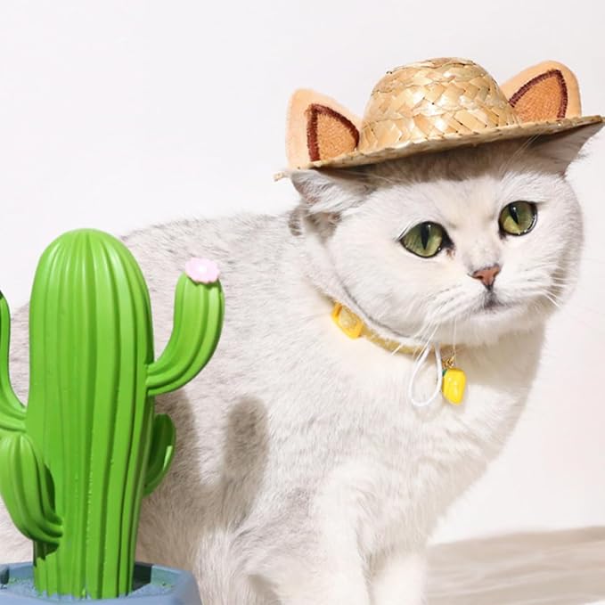 Cat Ear Straw Hat Decorative Pet Headwear for Birthday Parties | Khaki, S 13cm Size, Safe Comfortable Fit, Adorable Holiday Accent