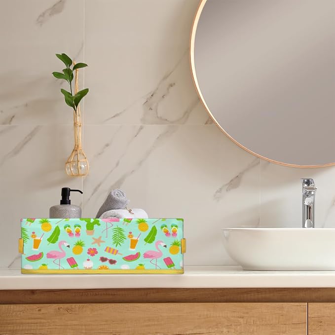 Summer Flamingo Fruits Bathroom Storage Basket, Foldable with Handle Open Countertop Paper Towel Decorative Box, Toilet Tank Top Shelf Baskets for Home Closet Bedroom Living Room O