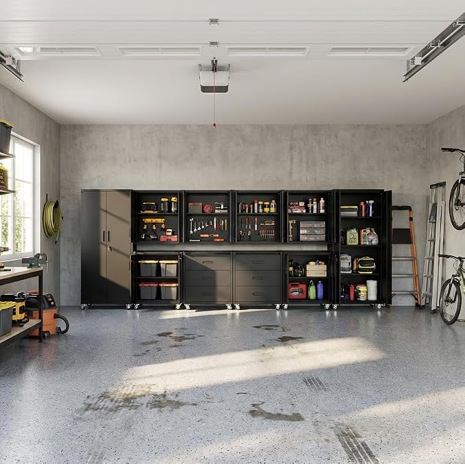 10-Piece Heavy Duty Steel Garage Cabinet System | All-in-One Modular Garage Cabinet Set for Ultimate Workshop Organization | Easy Assembly Garage Storage Cabinets & Tool Bench (Black)
