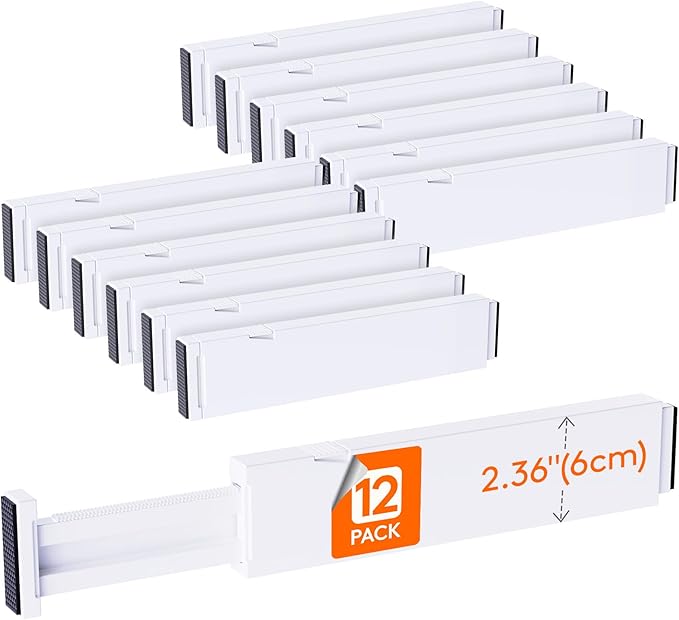 Lifewit 2.36" Upgrade Kitchen Drawer Dividers, Adjustable Drawer Organizer | 12 Pack 11"-17" Expandable White Drawer Separator for Clothes/Utensils, Dresser/Cabinet/Closet/Nursery Organization & Storage