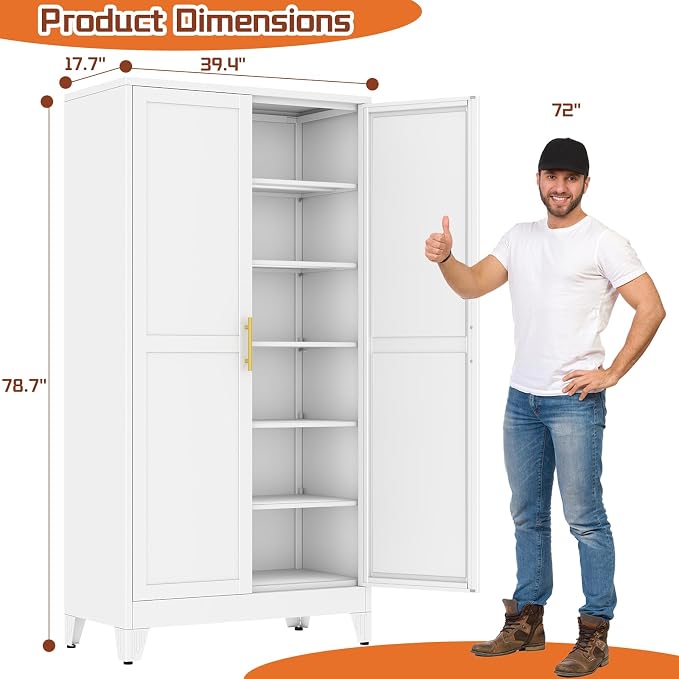 White Metal Storage Cabinet, 79" Kitchen Pantry Cabinets for Office | Steel Kitchen Pantry Storage with Doors, 5 Adjustable Shelves, Metal Pantry Cabinet, for Office, Home, School 40" W