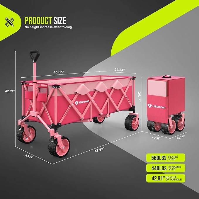 48'' Extra Large Collapsible Wagon with Big Wheels, 300L Pink | 560LBS Heavy Duty, Wagons Carts Foldable, All-Terrain, Brakes, Folding Cart, Utility for Beach/Camping/Garden/Sports/Grocery