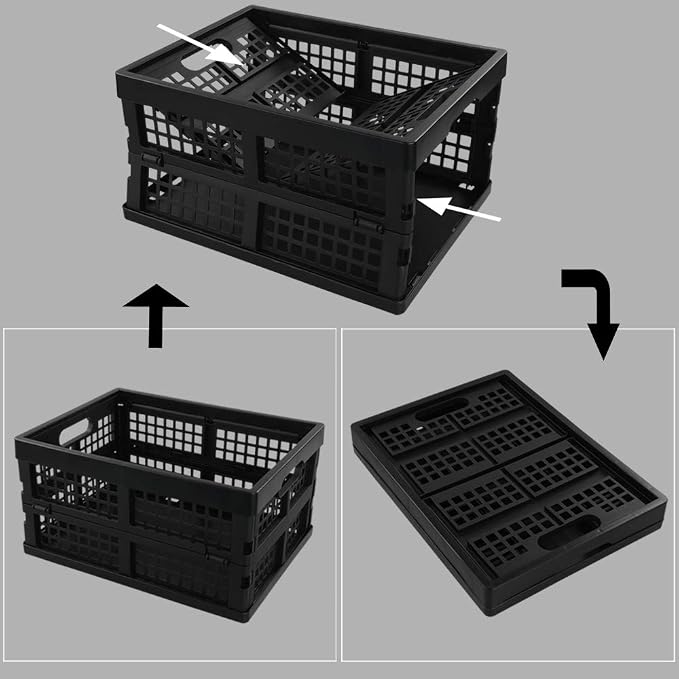 3-Pack 15 L Stackable Storage Baskets, Collapsible Crates, Black | Folding Storage Containers for Organizing Tools, Books, Food, Drinks, Camping & Transport