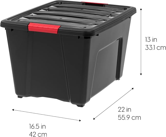 IRIS USA 6-Pack 54 Quart Storage Bins with Lids, Black | Black finish conceals stored items. Perfect for moving, blankets, clothing, and garage storage. Nestable design saves space