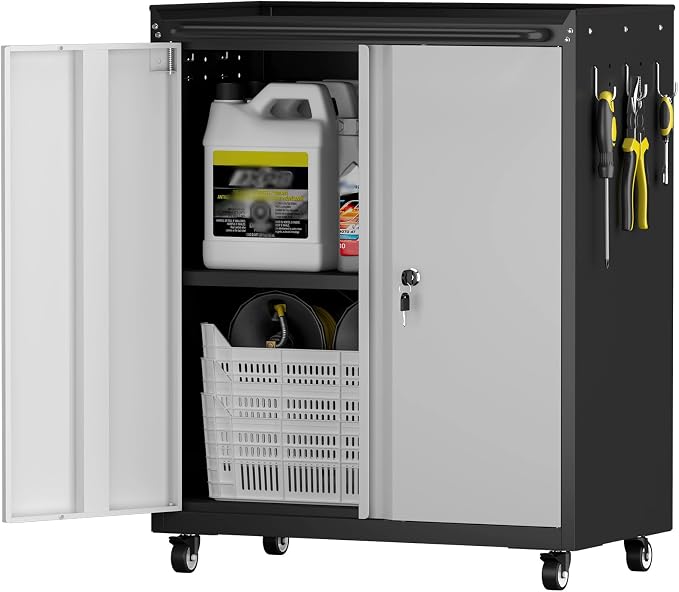 32''H Metal Storage Cabinet with Wheels, Garage Tool Storage Cabinets with Lock, Lockable Steel Rolling Tool Chest with Doors & Adjustable Shelves for Garage, Home, Office