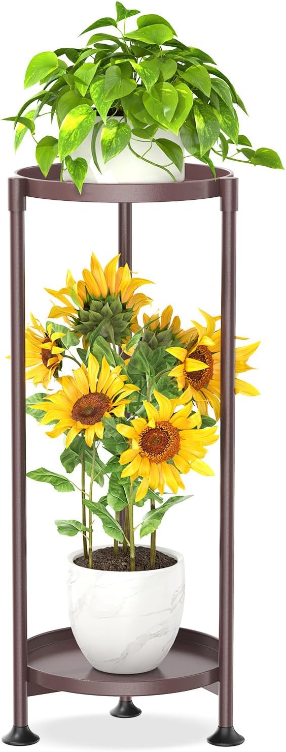 KMOTASUO 2 Tier Metal Plant Stand Tall for Indoor Outdoor Corner, Bronze | Heavy Duty Flower Holder Rack, Modern Vertical Iron Shelf for Patio Bathroom Office Garden