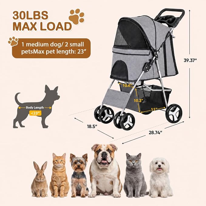Pet Stroller 4 Wheels Dog Cat Stroller for Small Medium Dog Cats Carrier Jogger Travel Foldable Puppy with Storage Basket and Cup Holder (Grey)