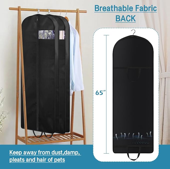 KIMBORA 65" Dress Garment Bags for Hanging Clothes Travel, Gusseted Garment Bags for Closet Storage with Handles for Long Gowns, Coats（3 Packs）