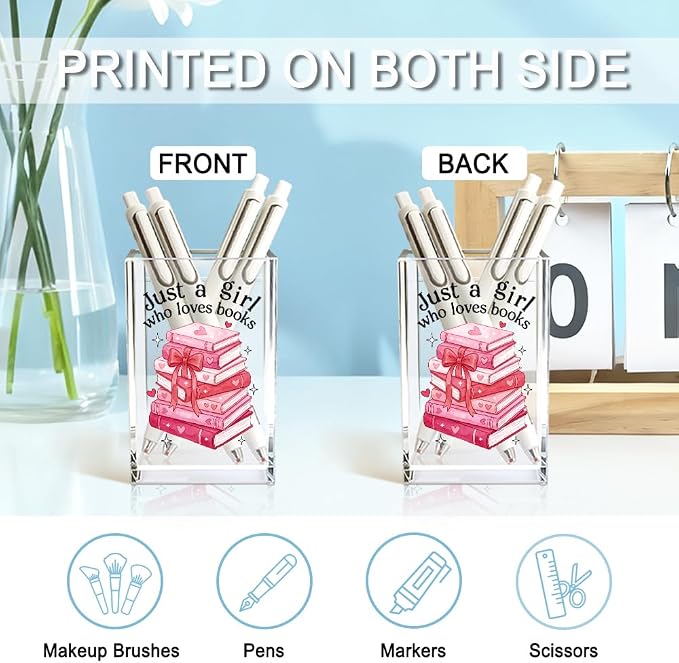 Just A Girl Who Loves Books Acrylic Pencil Holder Cup for Book Lover | Funny Floral Books Desk Organizer for Bookish Bookworms Readers, Women Empowerment Gifts for Daughter Girls Sister BFF (Red)