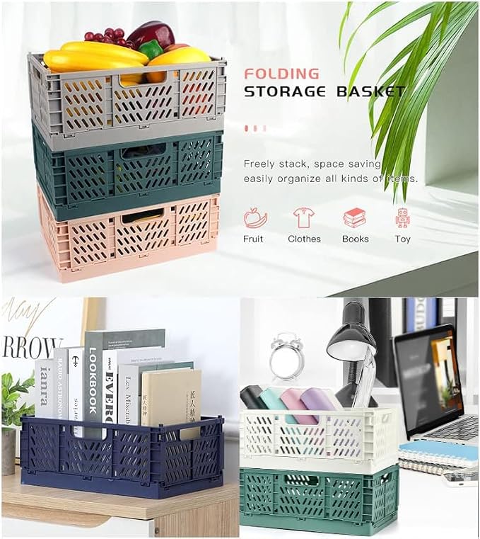 Plastic Collapsible Crate Folding Storage Basket with Handle for Shelves Home Kitchen Classroom and Office Vanity Bathroom Organization Drawer Clapboard Partition (White-1pack)
