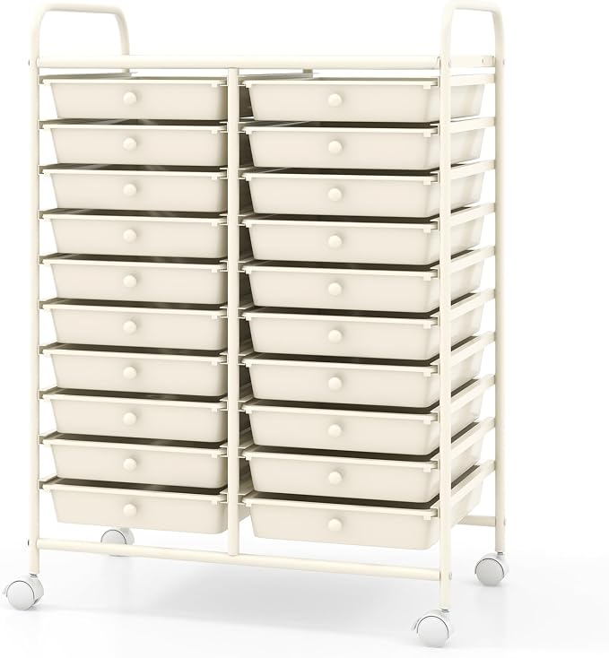 20 Drawer Rolling Storage Cart, Art Cart Organizer with Wheels for Makeup, Tool, Paper, Multipurpose Craft Storage Cart with Drawers for Office, Home, Classroom, School (White)