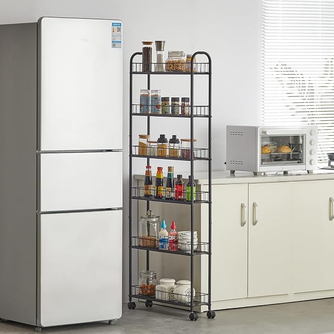 6 Tier Slim Rolling Storage Cart, Mobile Shelving Unit with Wheels, Metal Wire Storage Rack with Baskets for Kitchen Bathroom Office Laundry Narrow Piaces (6in Slim Rolling Cart)