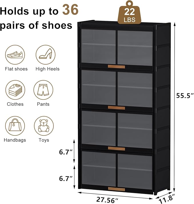 9 Tier Shoe Cabinet with Doors, 36-Pair Storage, Black | Max Capacity for Large Families, Transparent Doors for Fast Shoe Selection, Customize Layers for Boots Heels