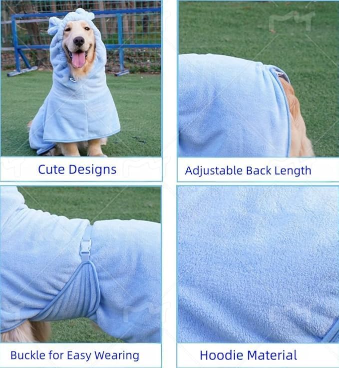 Pet Bathrobe for Dog Cat Absorbently Quick Drying Coat Cute Dogs Bath Towel Hooded Robe Adjustable Collar & Belly Strap for Pool Beach (Blue, Small)
