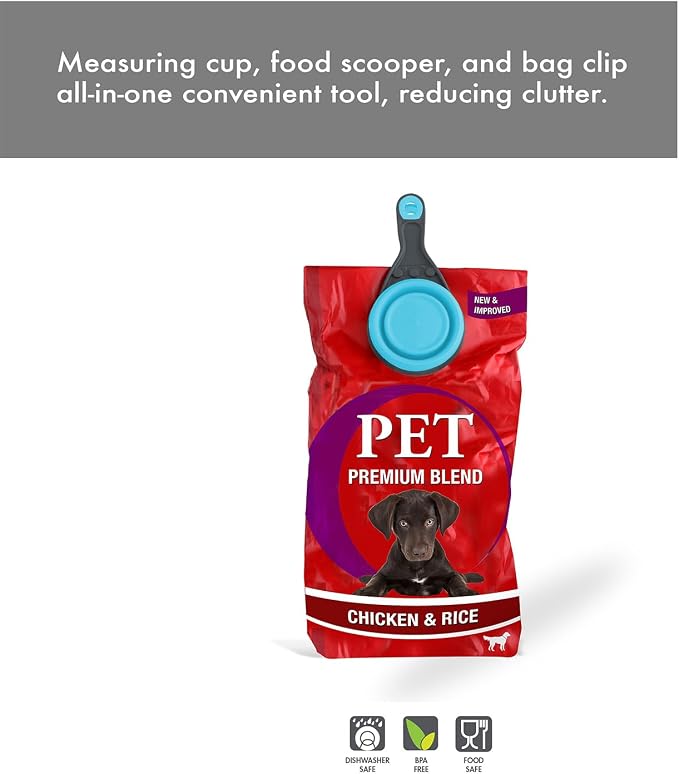 Dexas Popware for Pets Collapsible Klip Scoop, 3-in-1 Pet Food Scoop, Measuring Cup and Bag Clip, 2 Cup Capacity, Blue