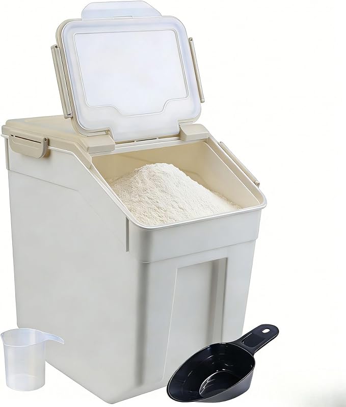 Saim 2 Pack 50lb Flour & Rice Storage Container Bin, Rice Dispenser (Grey) | BPA free plastic with seal lid, rolling wheels and measuring scoop for rice, flour, cereal and grain one-hand scooping
