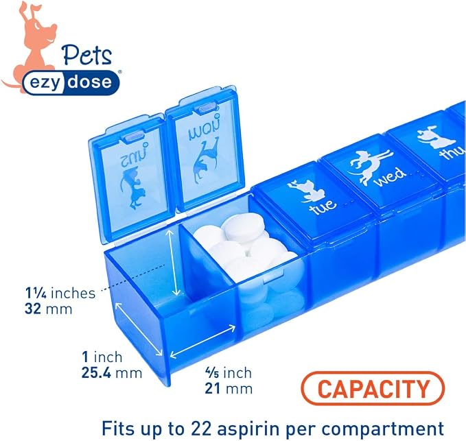 EZY DOSE Pets Weekly (7-Day) Pill Organizer, Vitamin and Medicine Box for Dogs, Large Compartments, Blue Lids, Made in The USA (Pack of 2)