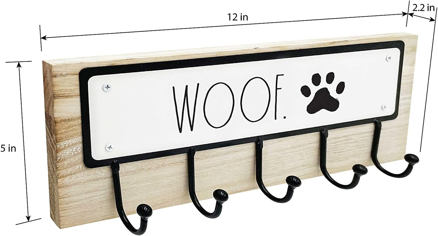 Rae Dunn Dog Leash Holder for Wall - Cute Dog Leash Hook Holder and Wall Mount Hanger Organizer for Pet Items, Keys, Collar and Leashes - Pet Themed Messages with Paw Print - Light Wood