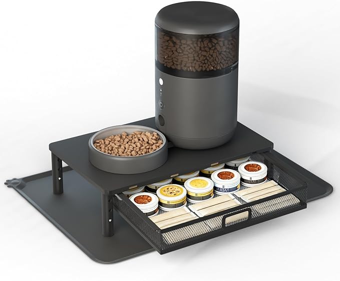 W‌SOWX Adjustable Automatic Cat Feeder Stand, Elevated Cat Food Stand,Black | With Drawer and Cat Food Mat,Raises Feeder/Bowls by 4.1"/4.9"/5.7",Relieves Spine and Joints Noticeably on Pets-Sturdy Metal