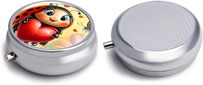Ladybug Metal Round Pill Box, 3 Compartment Travel Organizer, Portable Pill Container with Secure Latch, 2 Inch Circular Vitamin Caddy for Pills and Vitamins, Gift for Him Her Elderly