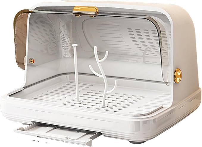 harayaa Rack Rack with Cover Storage Box Organizer Portable PET Material Dustproof Dish Drainer Easy to Clean for Nursery Suitable, White Medium