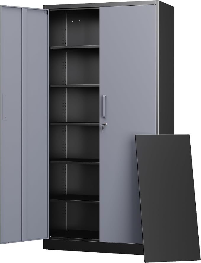 Metal Storage Cabinet with Lock Door and 5 Shelves,6 Tier Steel Garage Tool Cabinet for Home Office Utility Room 72" H X 36" W X18 D (Black Gray)