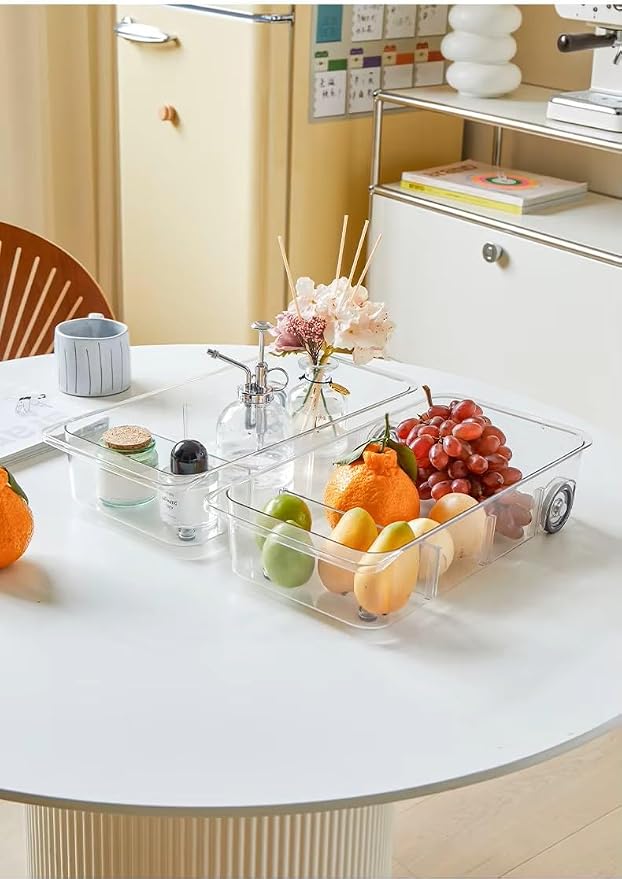 Rolling Clear Storage Box with Wheels (1 Piece) – Transparent Organizer Drawer for Kitchen, Bathroom, Pantry or Under Fridge – Adjustable Divider, Anti-Slip Base, Durable PET Plastic