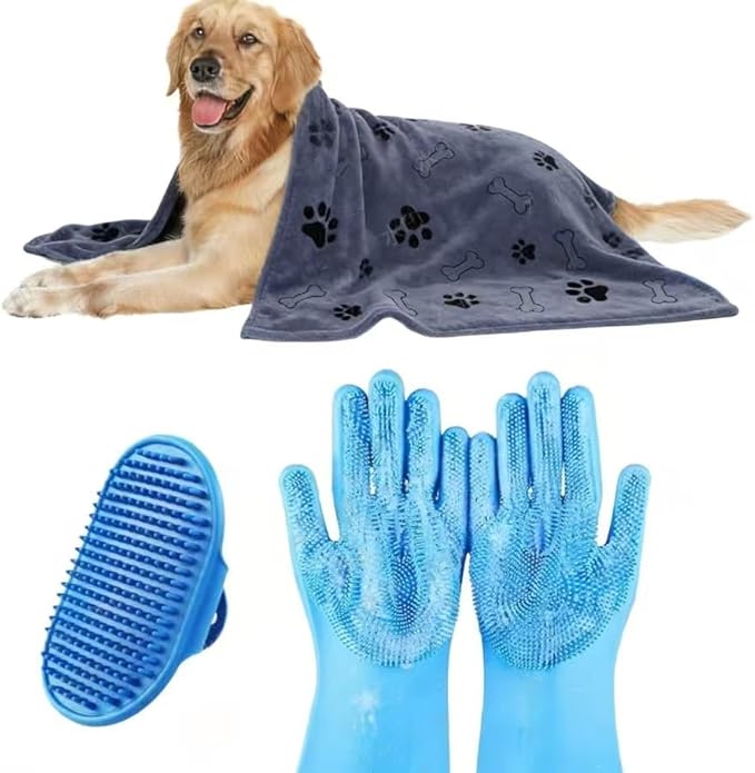 3PCS Dog Bath Supplies,Dog Bath Brush | Dog Washing Gloves | Dog Towel 40'' X 23.6'',Super Absorbent and Soft Pet Grooming Towel, Perfect Shower & Grooming Supplies for Dogs (A-3 Kits)