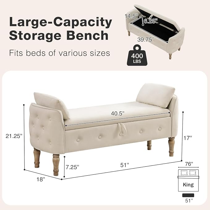 End of Bed Storage Bench King Size,51" Upholstered Bedroom Bench,Beige | Linen Storage Bench for Bedroom End of Bed ,2 Cushion, Vintage Wood Legs ,Tufted,Storage Ottoman Bench for Entryway Window