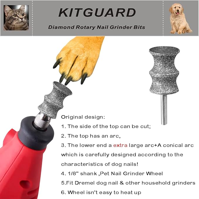 Diamond Dremel Dog Nail Grinder Bits for Rotary Tool-1/8'' Dremel Dog Nail Grinder Attachment-Pet Nail Grinder Bit Work for Animals Nail Care Large C 1P