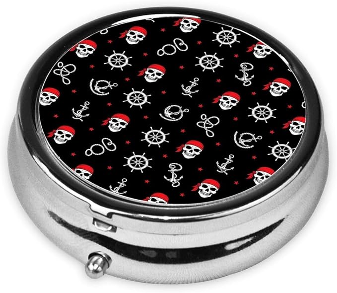 Round Pill Container, 3-Compartment Mini Organizer, Sturdy Metal Case for Medicine, Travel Pill Holder Purse Pocket Essential, Nautical Anchor Pirate Skulls Crossbones
