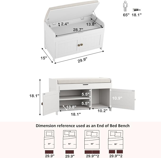 HOMEFORT 30" Shoe Bench with Lift Top Storage, Entryway Bench with Cushioned Seat, Wooden End of Bed Bench, Shoe Cabinet Bench with Hidden Storage Space, for Bedroom, Hallway,White