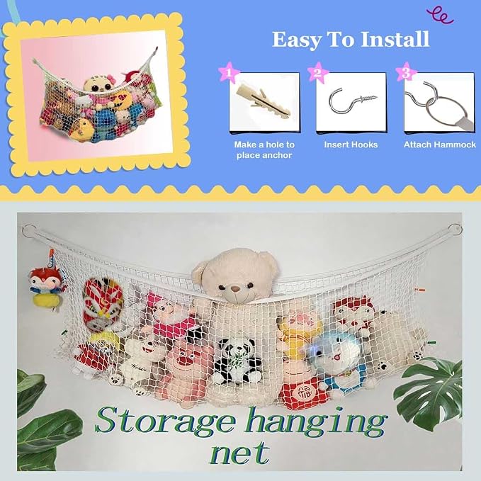 Filled animal net, suitable for flat walls, wall-mounted decorative net bags and storage bags (white). For displaying and storing plush toys and storage mesh bag background wall (1m)