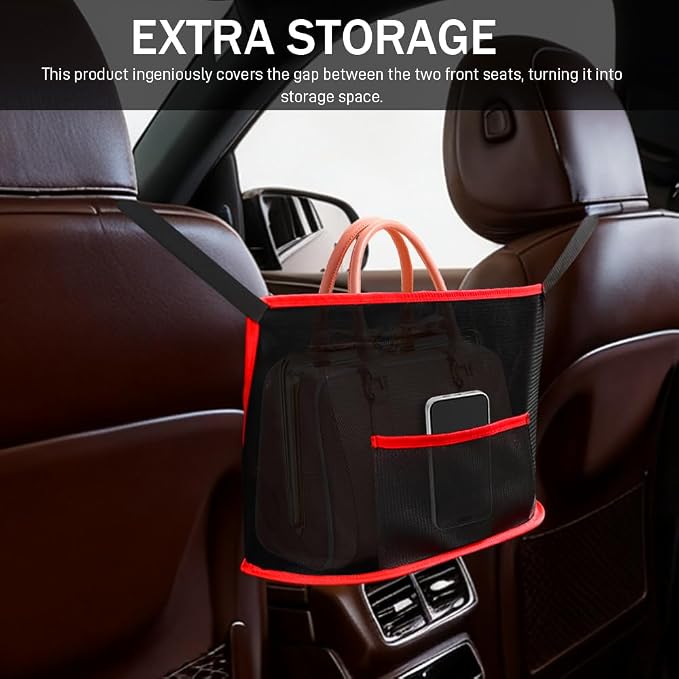 Car Net Pocket Handbag Holder, Organizer Storage Between Front Seats, Large Capacity Auto Seat Back Mesh Pocket Organizer, Car Handbag Holder Between Seats Universal for Most Vehicles (Red)