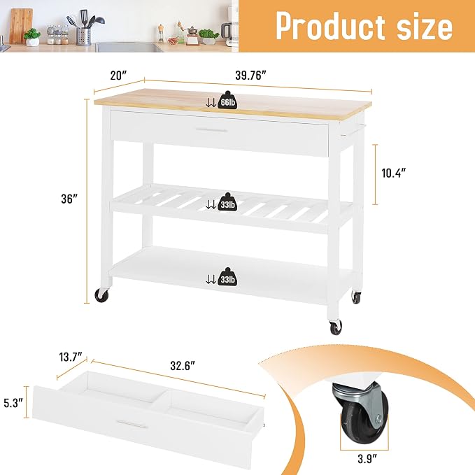 JY QAQA 40" Kitchen Island on Wheels with Storage Cabinet Kitchen Cart Cabinet with Shelves, Cart Handle for Towel Rack or Free Mobility, Portable Islands for Kitchen,White