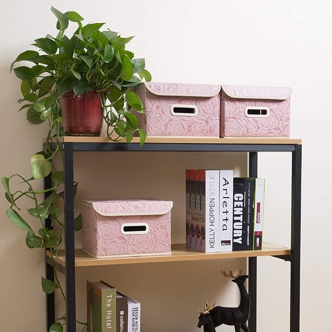 Collapsible Storage Boxes with Lids Fabric Decorative Storage Bins Cubes Organizer Containers Baskets with Cover Handles Divider for Bedroom Closet Living Room 9.8x7.9x6.7 Inch 3 Pack