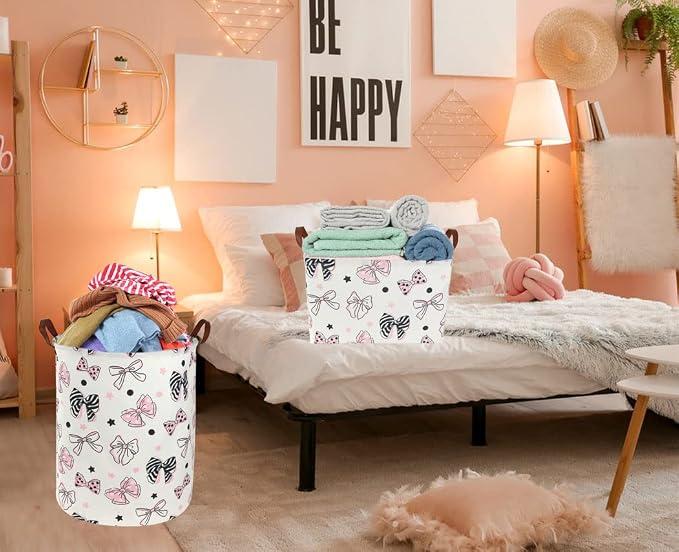 Essme Rectangular Pink Basket ,Mother's Day Basket, Storage Baskets Organizer with Handles for Room Decor,Gift Bins.(Bowknot )