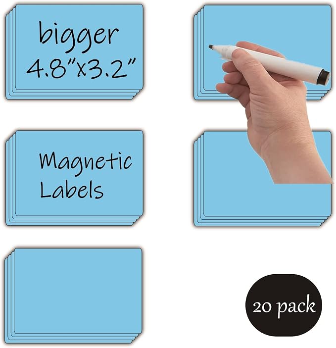 STTMGN Dry Erase Big Magnetic Labels (4.8x3.2,Pack of 20),Large Write On Magnets Name Plates Sticker,Waterproof/Reusable for Refrigerator&Lockers&Whiteboard&Cabinet(Blue)