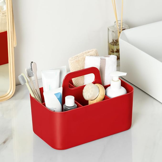 Multiuse Caddy Organizer with Handle, Portable Divided Plastic Tote Bin - Art Craft, Stationary Pen Marker Crayons, Makeup Hair Supplies Storage - Bathroom, Classroom, Dorm, Office, Desk Holder - Red