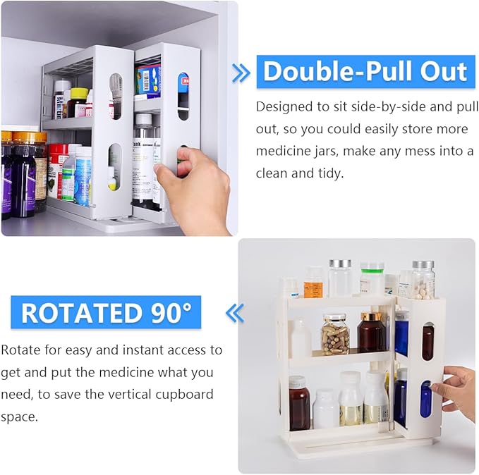 Dutiplus 3-Tier Medicine Organizer Cabinet Storage Rack with Pull-and-Rotate Design for Holding Vitamins, Supplements, Cosmetics 10.82" H x 5.82" W x 10.43" D Creamy White