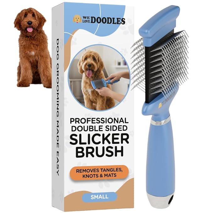 Double-Sided Slicker Brush for Dogs, Dematting & Deshedding Dog Brush, Dog Grooming Supplies, Long Pin Detangler for All Hair Pets, Poodles, Doodles, & Goldendoodles (Small)
