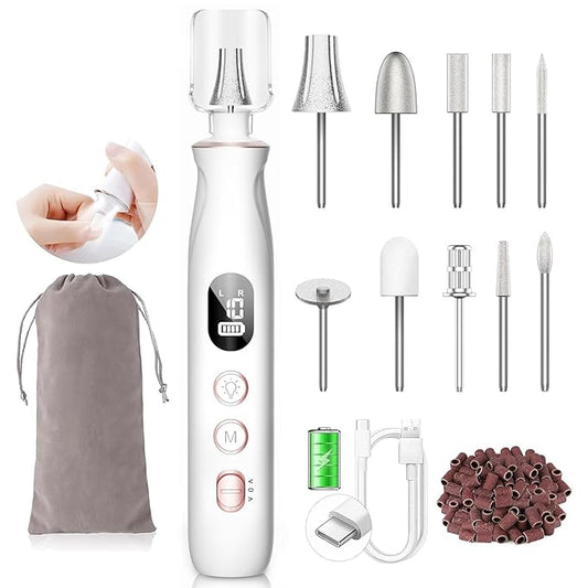 Professional Nail Drill Kit: Electric Nail File with LCD & Lamp, Long-Lasting Thick Toenail Grinder, Rechargeable & Cordless Toe Nail Dremel Tools for Women & Men Manicure and Pedicure Gifts