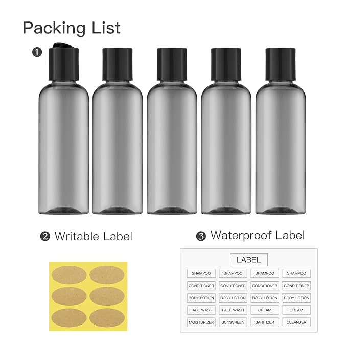 Travel Bottles for Toiletries, 3.4 oz Travel Size Containers, 5pcs, Black | Squeezable empty plastic bottles, TSA approved, leak proof, with labels, for liquids & shampoo lotion, gym essentials