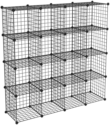 HUBSON Wire Cube Storage Organizer, Book/Toy/Craft/Potted Plants and petCloset Organizers and Storage Shelves, 16-Cube Freely Combinable Metal Grids Storage Shelf,Black Iron
