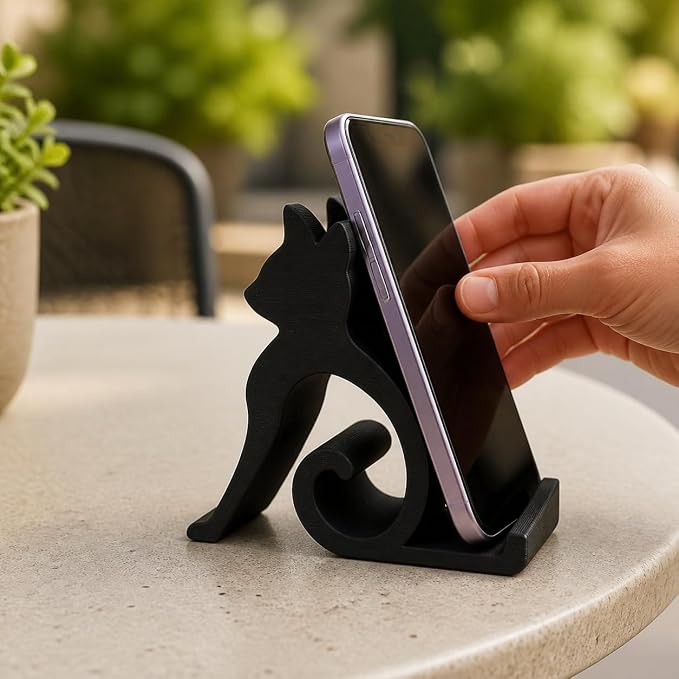 Phone Stand, Black Cat Desktop Cell Phone Holder Mount Decor | Handsfree Kitten Shaped Phone Mount, Desktop Halloween Decor Gift for Pet Lovers, Office Bedside Table Use